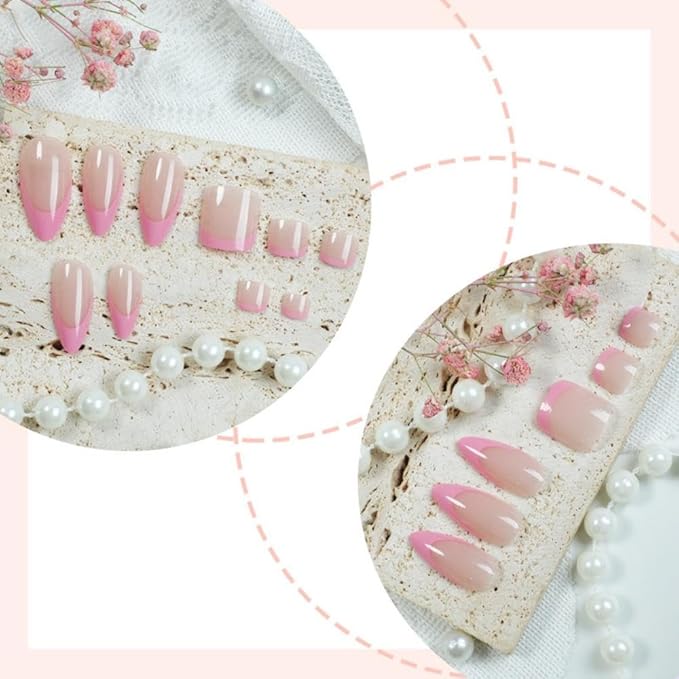 Pink French Tips Press on Toenails Light Pink Press on Nails Medium Almond Fake Nails with Designs Full Cover Pink Stick on Toenails Glossy Summer False Toenails for Women Girls DIY Manicure 48Pcs