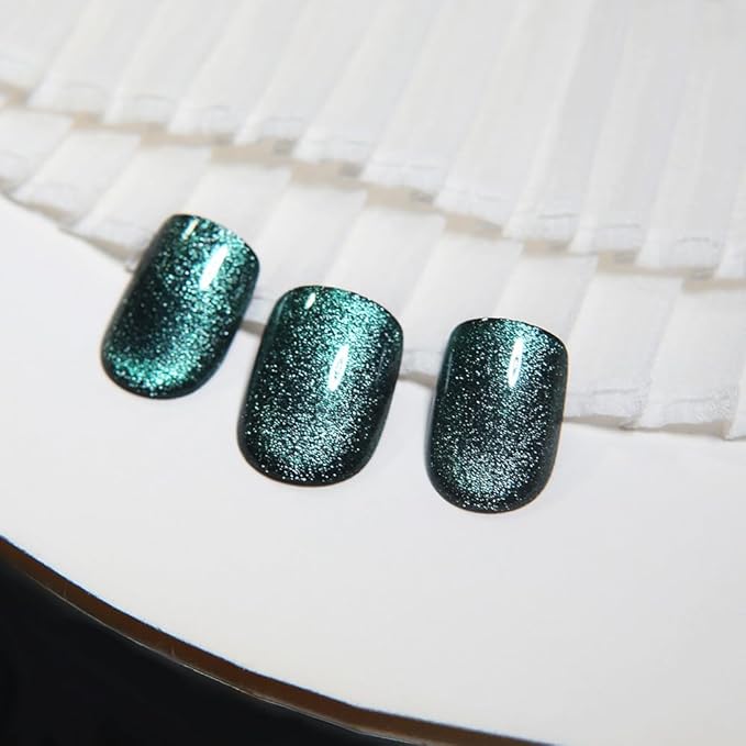 Light green Press on Nails Short Square, Cat Eye Press on Nails, Fashion Gel Fake Nails, Reusable Acrylic Fake Nails, Glossy Stick on Nails for Women, 24Pcs