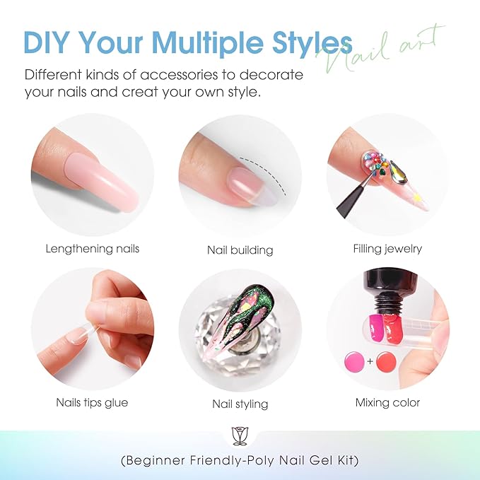 ROSALIND 12 Colors Poly Nail Gel with Mini Nail Lamp Yellow Green Poly Extension Gel Kit 0.34oz/10ml Nails Buider Set with Slip Solution Basic Tools for Beginners with Everything
