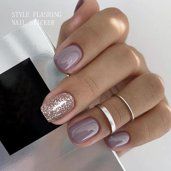 JMEOWIO Gel Nail Stickers Purple Gray Glitter Semi Cured Gel Nail Strips Wraps UV/LED Nails Art Design Decoration Accessories