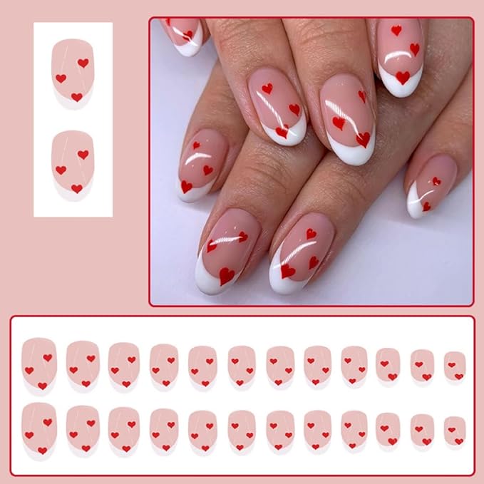 Short Press Almond White French Tip False Nails with Red Heart Design - Glue on Glossy Full Cover Stick on Nails 24Pcs