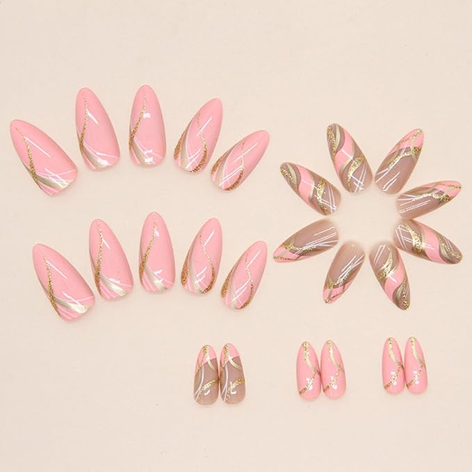 Pink Press on Nails Almond Medium Fake Nails with Design Gold Swirl False Nails Press ons Acrylic Glue on Nails Cute Glossy Full Cover Artificial Stick on Nail for Women Manicure 24Pcs