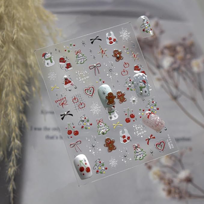 Christmas Nail Stickers 3D Self-Adhesive Santa Claus Snowman Nails Supplies Tree Bow Nails Decals Gingerbread Man Designs 5D Embossed Cute Red Cherry Nails Decoration for Women DIY Manicure 1 Sheet