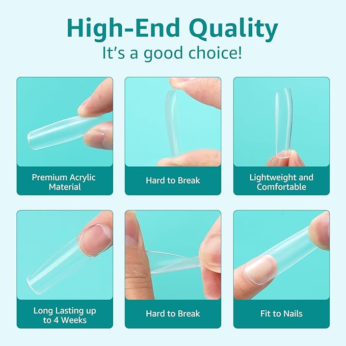Clear Square Straight Nail Tips, 240PCS XXL Extra Long C Curve Nails Tips, Full Cover Gel Acrylic Tips, Clear Fake Artificial Nails for Nails Extension Coffin Nails Tips