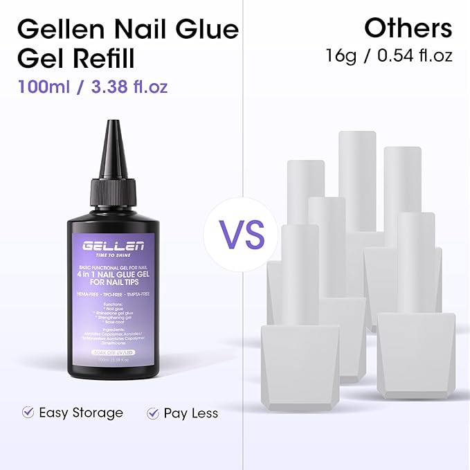 GELLEN Professional 4 in 1 Gel Nail Glue Refill 100ml – Long-lasting Strong Adhesive NailGlue Gel, HEMA TPO TMPTA 3-Free Acrylic Nail Tips Glue for Salon Use, Need U V Light Cured