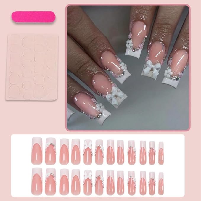 White French Tips Press on Nails - Long Square Fake Nails - Bow Charm Design - 3D Flower Rhinestone Stick on Nail Nude Pink Glue on Nails Glossy Summer False Nail for Women Manicure 24Pcs