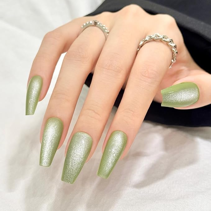 Green Cat Eyes Press On Nails,12 Sizes - 24 Pcs Soft Gel Medium Coffin Fake Nails Kit with Nail Glue, Natural Reusable Stick On False Nails for Women and Girls (Skycloud Green Nails) SK0979