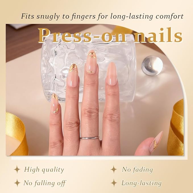 3D Glod Line Press on Nails Medium Almond with Design, Nude Pink Glossy Press on Stick on Nails for Women Gift with Kit, Reusable Soft Gel Stick on Cute Fake Arcrylic Nail with Designs Perfectly Fit