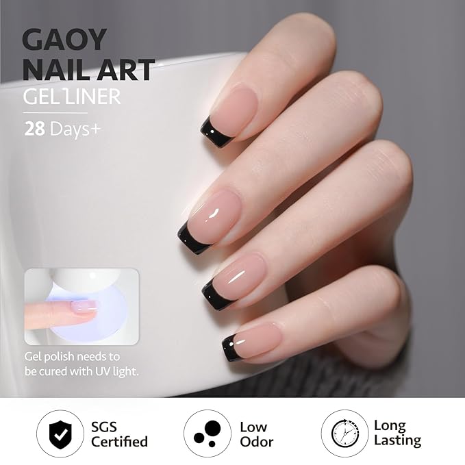 GAOY Black Swirl Gel Nail Polish Art Liner, 12ml Classic Color Nail Paint Design with Thin Brush, UV Light Cure for DIY French Manicure at Home