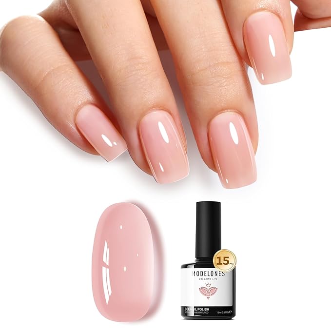 modelones Pink Gel Nail Polish Nude Pink Nail Polish Jelly Sheer Natural Translucent Soak Off U V Gel Clean Girl Valentine Nails for Women Nail Art French Tip Manicure 15 ML