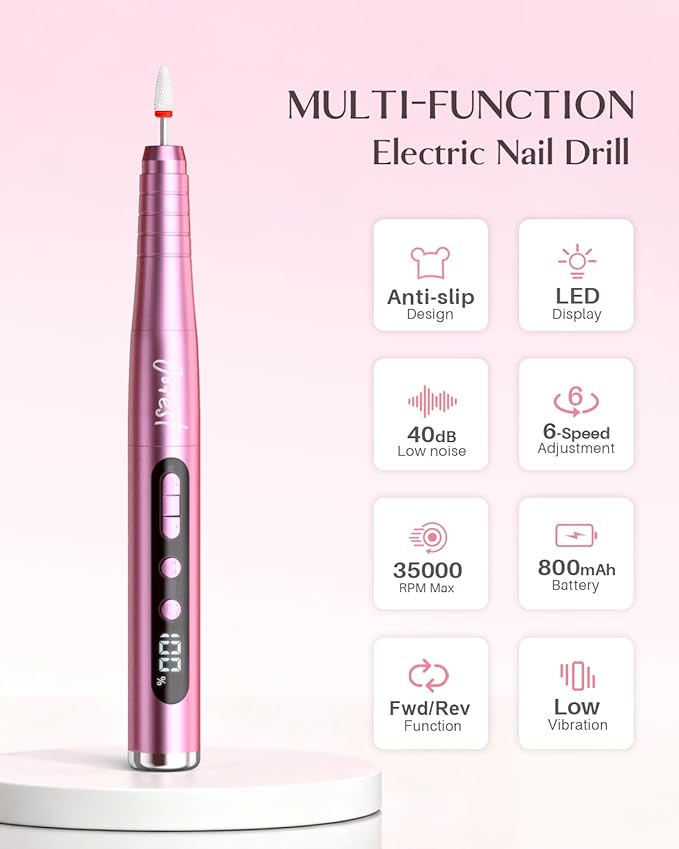 JOREST 13-in-1 Cordless Electric Nail Drill Kit with LED Display, 35,000 RPM 6-Speed Rechargeable Manicure Tool for Acrylic Gel Nails, Nail File with Bits & Sanding Bands for Beginners, Rose Pink