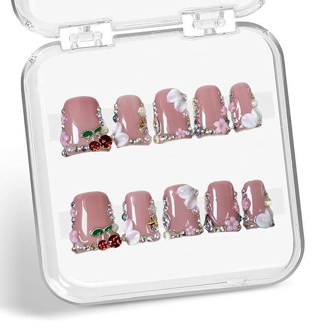 Duck Press on Nails Duck Handmade Press on Nails 3D Luxury Rhinestone Cherry and Pearl Acrylic Fake Nails Designs Flower Stick on Nails Full Cover Thickened False Nails for Women Nail Art DIY（M)