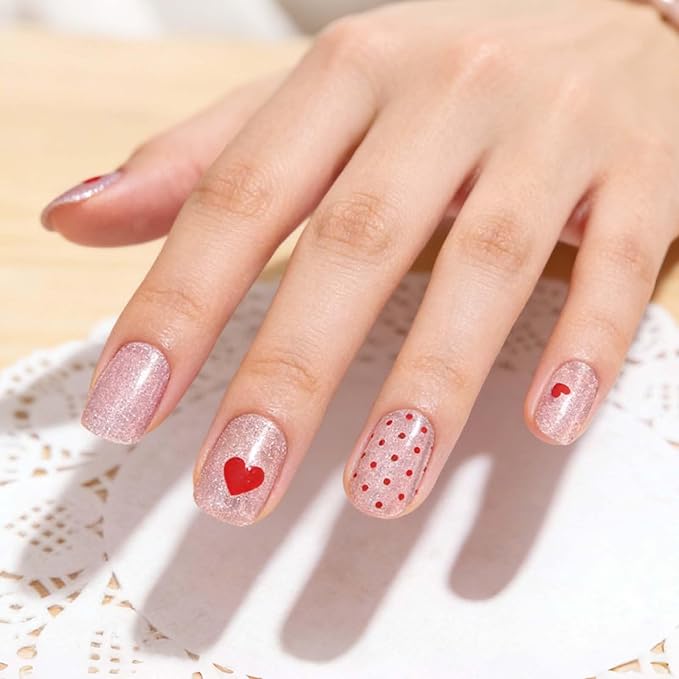Semi Cured Gel Nail Strips - Red Hearts & Polka Dots with Pink Shimmering Base, At Home Nail Art, Romantic DIY Manicure Kit, Salon Quality Gel Nails