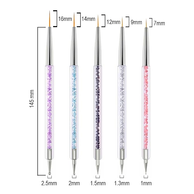 5 Double-Ended Acrylic Nail Brushes & 3 Liner Pens, 5/7/10/12/15 Nail Tracing & Dotting Brushes, Thin Detail Precision Drawing Brushes for Gel Polish(8pcs)
