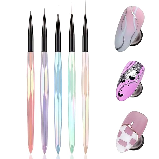 5Pcs Iridescent Handle Nail Liner Brush Set - Professional Ultra-Fine Striping Brushes for Intricate Nail Art, Multi-Color Gel Polish Liner Brushes for Salon & DIY Manicure Detailing