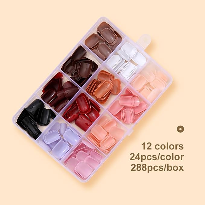 288 Pcs Press On Nails Short Square Fake Nails Press Ons Set Solid Color False Nails Full Cover Acrylic Glue on Nails Reusable Glossy Artificial Nail Kit for Women Girls Manicure 12 Color