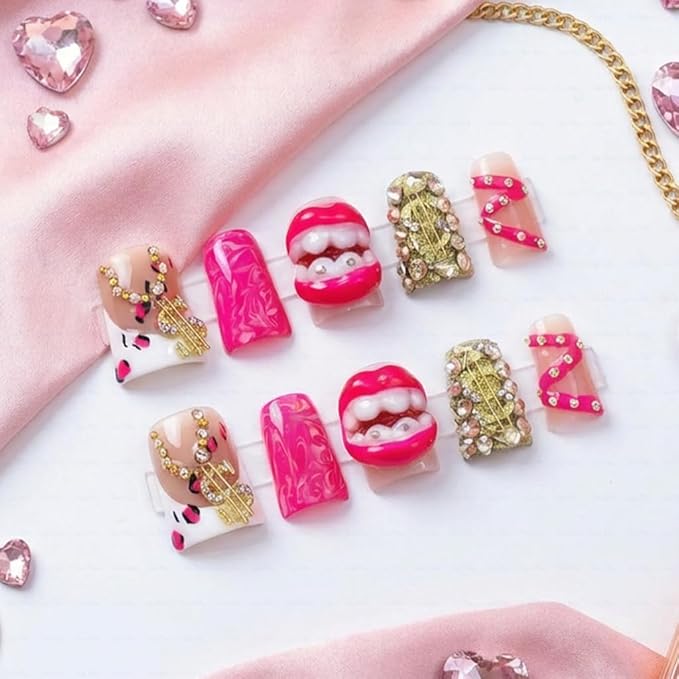 10 Pieces Luxury Acrylic Press On Nails Short Handmade Duck Nails, Pink Thickened False French Nails, Exaggerated Red Lips And The Dollar Sign, Reusable Fake Nails, Acrylic Nails (M)