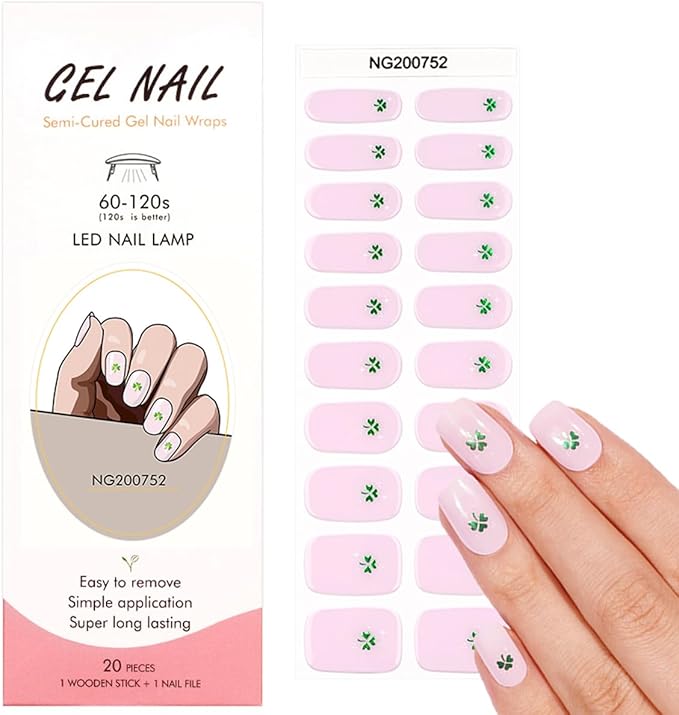 St. Patrick's Day Semi Cured Gel Nail Strips - 20Pcs Shamrock UV Gel Nail Wraps, Long Lasting Salon-Quality Stickers, Includes Nails File & Wooden Stick - UV/LED Lamp Required