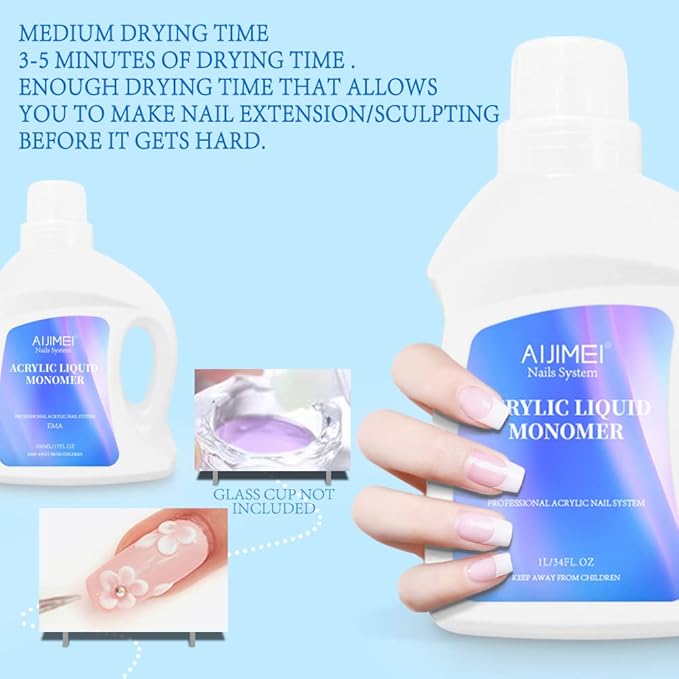 AIJIMEI Acrylic Liquid Monomer 17OZ, Acrylic Nail Liquid Monomer 500ml, For Acrylic Powder & Liquids, Non-Toxic, Glossy Finish, 475g