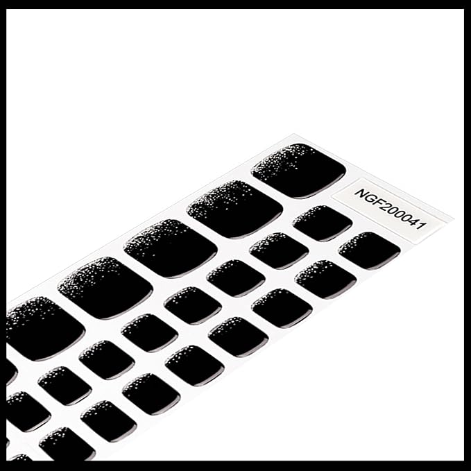 WOKOTO Semi Cured Gel Nail Strips For Toenails, 16 Size 32 Tips Black Glitter design Toe Nail Polish Strips With Nail File & Wooden Stick, Works With Lamps, Salon-Quality, Long Lasting, Easy To Use