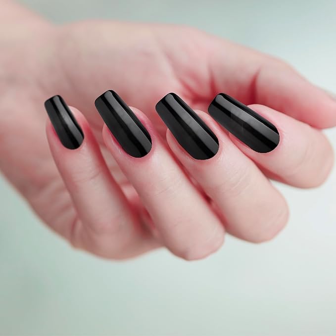 GoldFinger False Nails Kit, Ready to Wear Black Fake Nails, Manicure Stick and Glue Included, Long Squoval Shape, Long-Lasting Hottest Trend Glue on Nails, Convenient & Easy to Apply, All Occasions