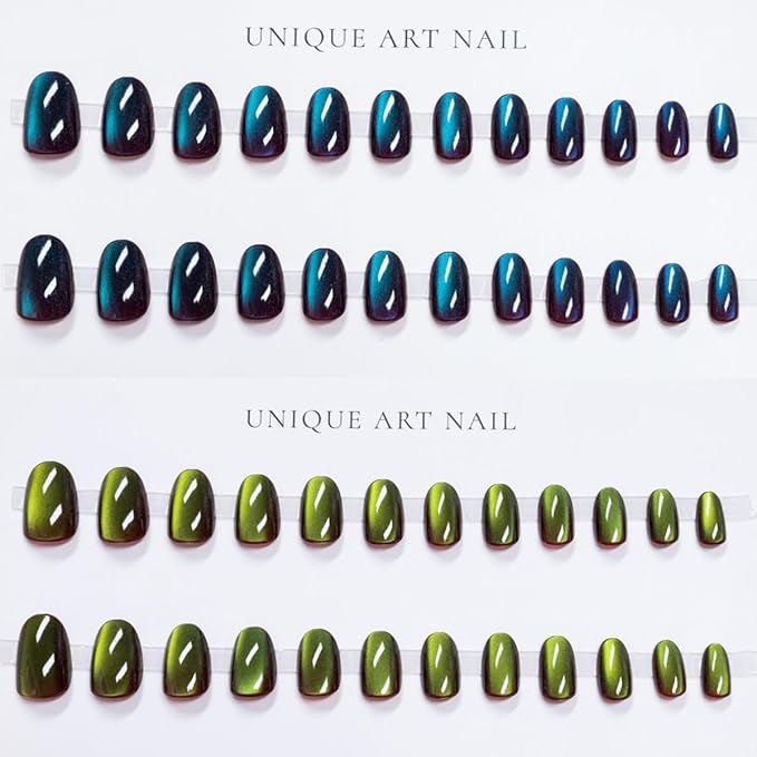 KQueenest 4 Packs Gel Press On Nails Short Oval, Cat Eye Press On Nails Short Almond, Dark Chrome Fake Nails Press Ons, Shiny Glitter Black Glue on Nails for Women Decoration, 96 Pcs Gift Kit