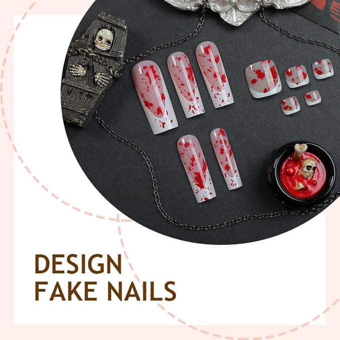 48Pcs Halloween Press on Nails Square & Press on Toenails Set, White French Tip Press on Nails with Terror Bloody Design Medium Fake Nails Short Press on Toe Nails for Women Nail Decoration