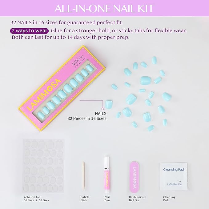 LAMIMOSA 32Pcs Mint Blue Press On Nails Extra Short Round, Baby Blue Fake Nails with Glue, Soft Gel Nails in 16 Sizes, Reusable Glue On Nails Kit, MINTY AQUA