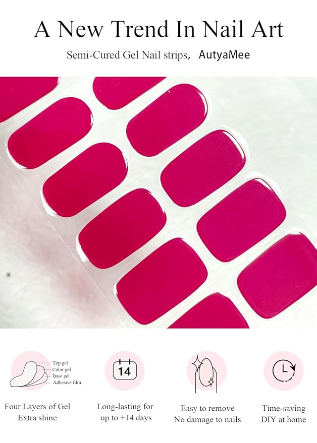 Semi Cured Gel Nail Strips (Rose Purple), 20 Pcs Gel Nail Wraps, Stickers, UV Light Required, Salon Quality, Long Lasting