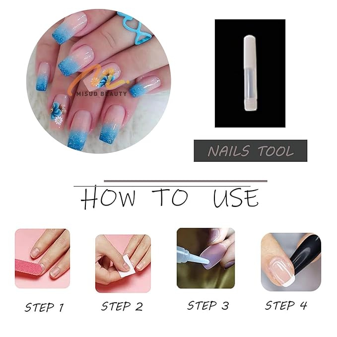 MISUD Press on Nails - Long Square Fake Nails with Blue Ombre, Acrylic Bling Glitter Design 24 pcs