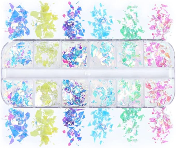 Nail Art Mermaid Flake Sequins 3D Acrylic Holographic Chunky Laser Decals Ultra Thin Iridescent Glass Paper Sticker Manicure Decoration 12 Grids