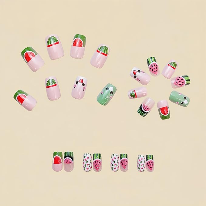 Cute French Tip Press on Nails Short Square Fake Nails with Designs Watermelon Glue on Nails Summer Fruit Acrylic Nails Press ons Glossy Full Cover Stick on Nails for Women Girls 24Pcs