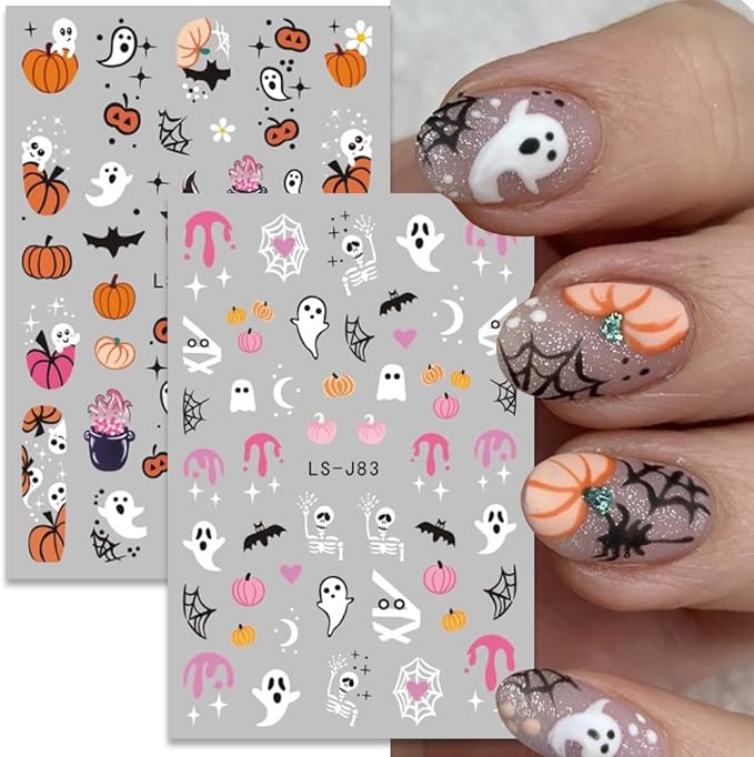 8Sheets Halloween Nail Art Stickers Cute Ghost Pumpkin 3D Self-Adhesive Nail Decals Spider Web Bat Cat Skull Designs Nail Decorations Halloween DIY Manicure Nail Supplies for Women Girls&Kids…