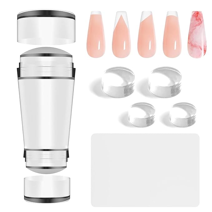 BlueZOO French Tip Nail Stamp 6Pcs Nail Stamper Replaceable Silicone Jelly Heads Kit, French Manicure Nail Stamping Polish Transfer Templates Tool Home Salon Nail Art DIY Design, Easy to Use
