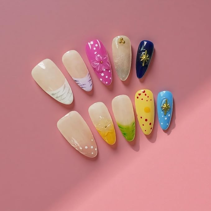 10pcs Handmade Press On Nails Almond Shaped - French Tip with 3D Floral & Polka Dot Design, Glossy Colorful Fake Nails Medium Length Full Coverage Acrylic Nails for Women (Dopamine Glow,S)