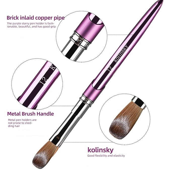100% Pure Kolinsky Acrylic Nail Brush Size 12, Hair Acrylic Crystal Chrome Purple with Silver Ferrule Round Shaped for Women Girls Manicure Tools Accessories