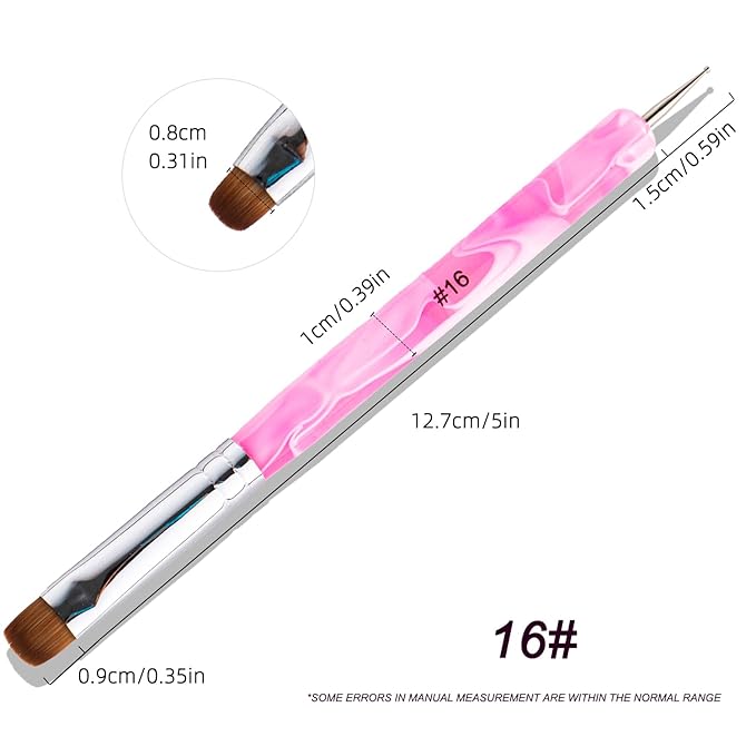 French Manicure Brush - 2 Way Nail Art Brush with Dotting Tool for Manicure Cuticle Clean Up - Professional Salon Quality, Nail Dotting Pen (Peach, 16#)
