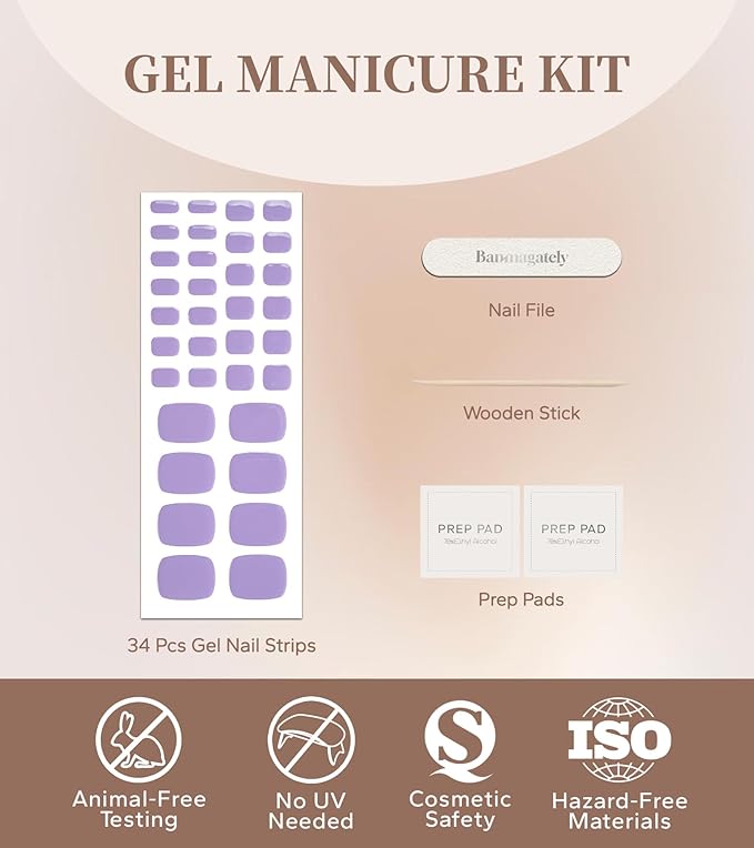 Toe Gel Nail Stickers - 34PCS Salon Quality Wraps no UV Light Needed - Long Lasting Toe Nail Polish Strips for Women (Lilac Purple)