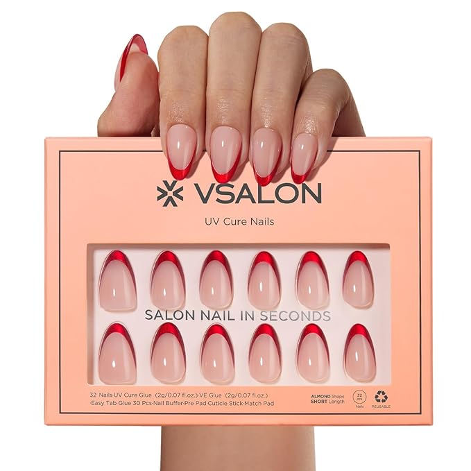 VSALON Press On Nails Short Almond, Red French Tip Fake Nails With UV Glue, Reusable Stick On Nails, Soft Gel Glue On Nails, New Year Valentine Gift in 16 Sizes 32 Pcs Kit