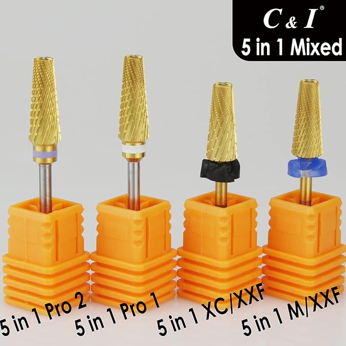 C & I 5 in 1 Nail Drill Bit, Mixed Sizes Edition, Cross Teeth, 2 Way, Professional Multi-function Nail Drills for Electric Manicure Drill Machine, Shank 3/32” (Mix, M & XXF)