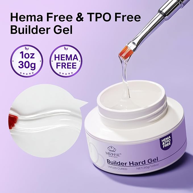 MIZHSE HEMA-Free Hard Gel for Nails-1.06oz Clear Builder Gel Nail Stengthener U V/LED Extension Gels for Nail Repair for DIY Home Salon Women Gifts Lamp Cured