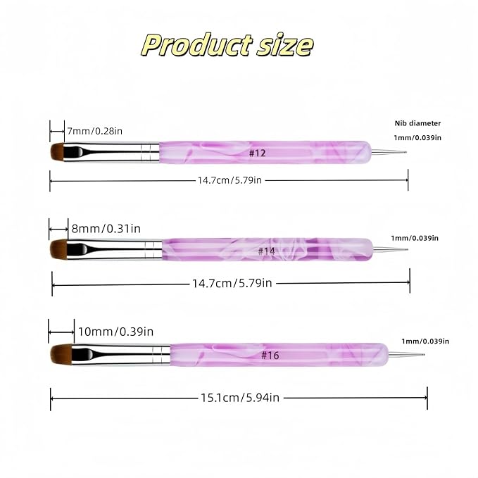 French Brush for Nails Premium 2 Way French Gel Acrylic Nail Art Brush & Dotting Tool ，#12#14#16 Professional French Tip Nail Brush Nail Salon Quality Brush, Nail Dotting Pen (3 Pcs)