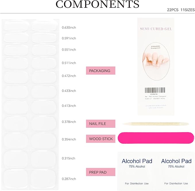 Semi Cured Gel Nail Strips Transparent Gel Nail Stickers with UV/LED Required Long Lasting Clear Semi Cured Gel Nail Strips Includes 22 Strips 2 Prep Pads, Nail File & Wooden Stick