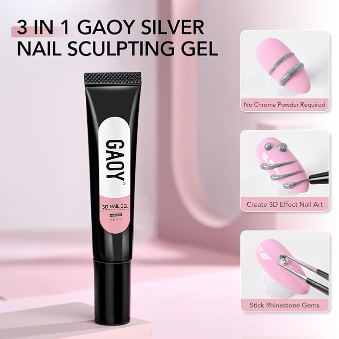 GAOY Silver 3D Nail Gel, 15g Sculpting Gel for 3D Nail Art Designs Carving, Molding, Painting, No Wipe Gel for Gems & Charms Decoration, Salon DIY Use
