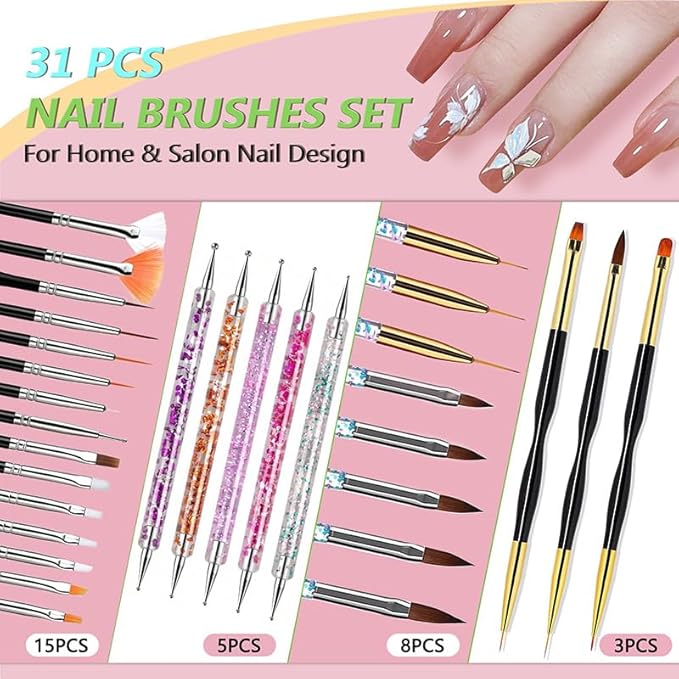 BORN PRETTY 33pcs Nail Art Brushes,Double-ended Dotting Tools,Nail Art Tool Set,Striping Brushes for Long Lines,Fingernail Drawing Pens with Palette Holder All in One for Beginners and Salon Home Use