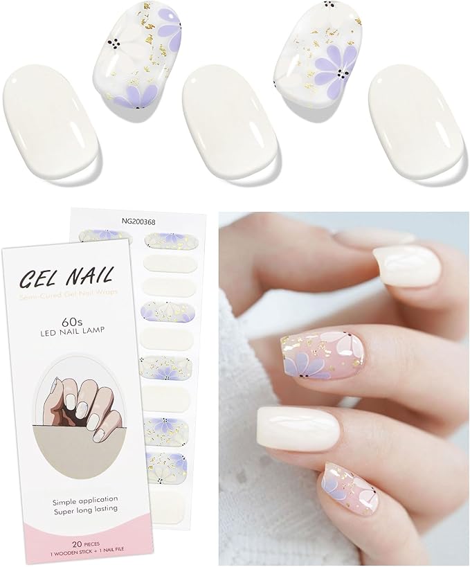 JMEOWIO Gel Nail Stickers Beige Purple Flower Semi Cured Strips Wraps UV/LED Supplies Art Design Decoration Accessories