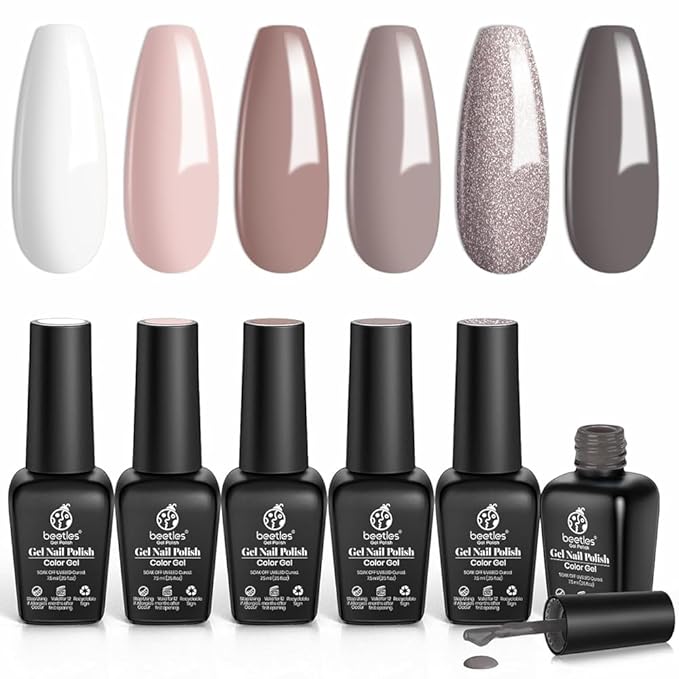 Beetles Neutral Gel Nail Polish – 6 Colors Soak Off UV LED Nail Gel Kit, Brown Gray Silver White Pink Long Lasting Glossy for Salon & Home Manicure Gift for Women