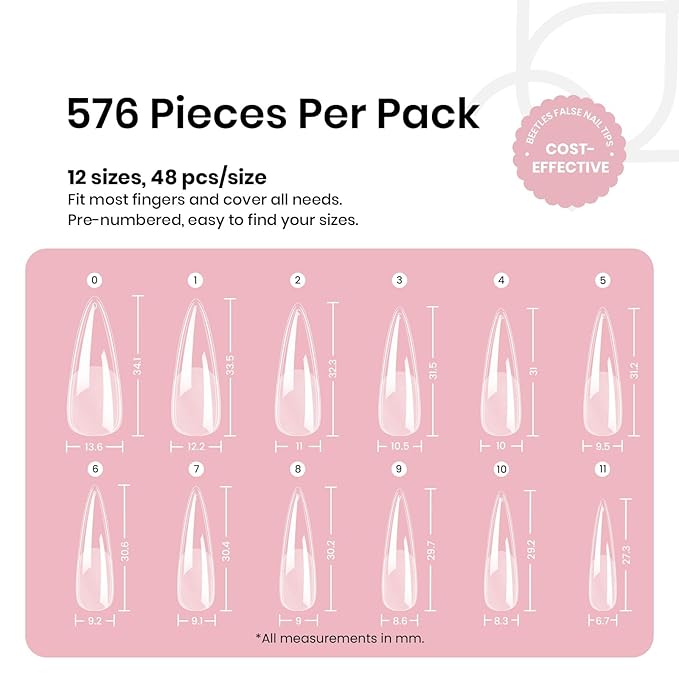 Beetles Gel Nail Tips Etch-X, Stiletto Medium, 576Pcs 12 Sizes, Pre-Etched Half Matte Full Cover Soft Acrylic False Nail Tips Easy DIY Press On Nail Extensions Salon Gift for Women