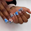 Blue Duck Nail Press ons Star Fake Nails Water Drop with Design Spindrift Glue on Nails French Tip Press on Nails Glossy Artificial Acrylic Nail Eye Rhinestone Stick on Nail for Women Manicure 24Pcs