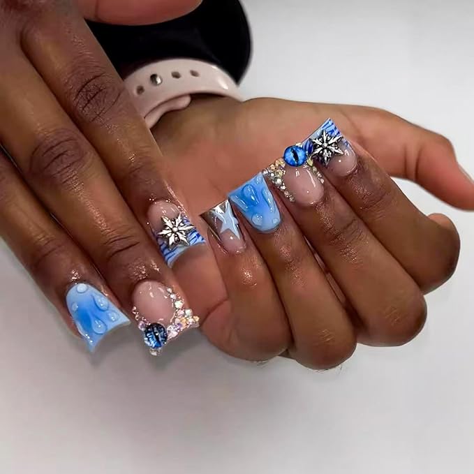 Blue Duck Nail Press ons Star Fake Nails Water Drop with Design Spindrift Glue on Nails French Tip Press on Nails Glossy Artificial Acrylic Nail Eye Rhinestone Stick on Nail for Women Manicure 24Pcs